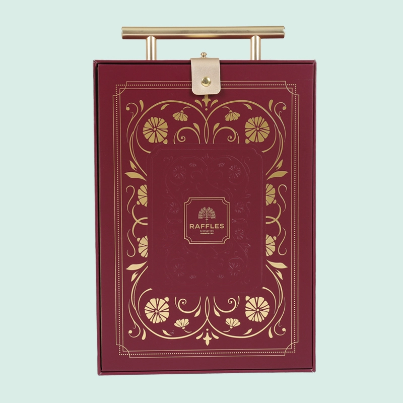 Customized luxury gift box with gold metal handle and leather button lock way 1