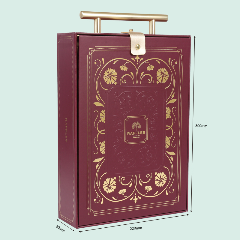 Customized luxury gift box with gold metal handle and leather button lock way from Ipack 3