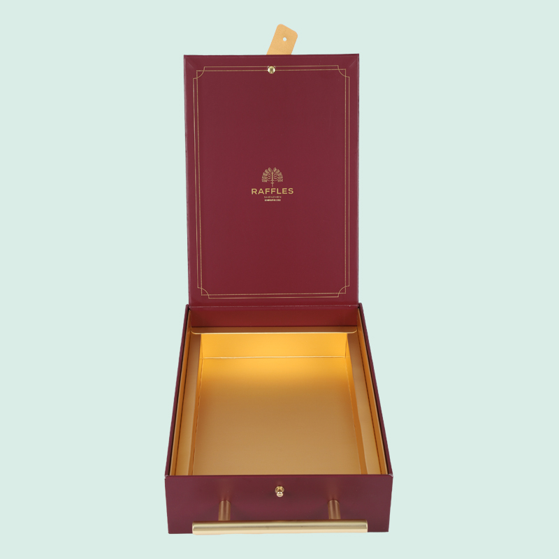 Customized luxury gift box with gold metal handle and leather button lock way from Ipack 5