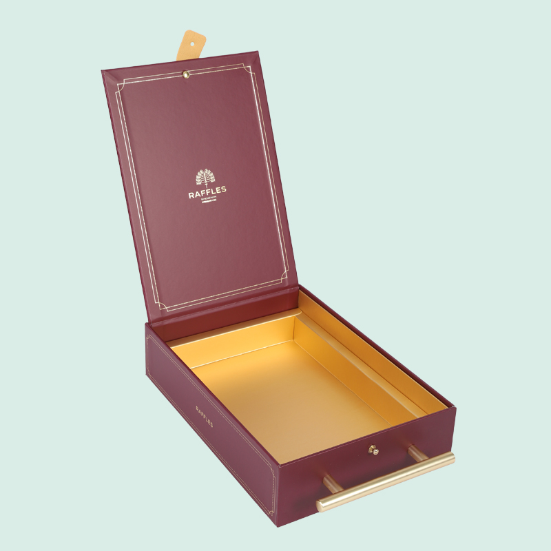 Customized luxury gift box with gold metal handle and leather button lock way from Ipack 6