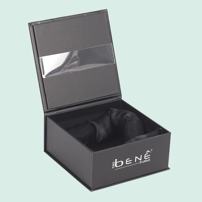 High end customized luxury black magnetic box skin care products packaging with satin strips insert from IPACK factory 1