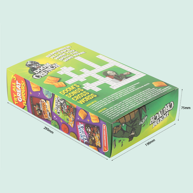 Caixa de cereais plana, ecológica e personalizada, em cartão branco. 1