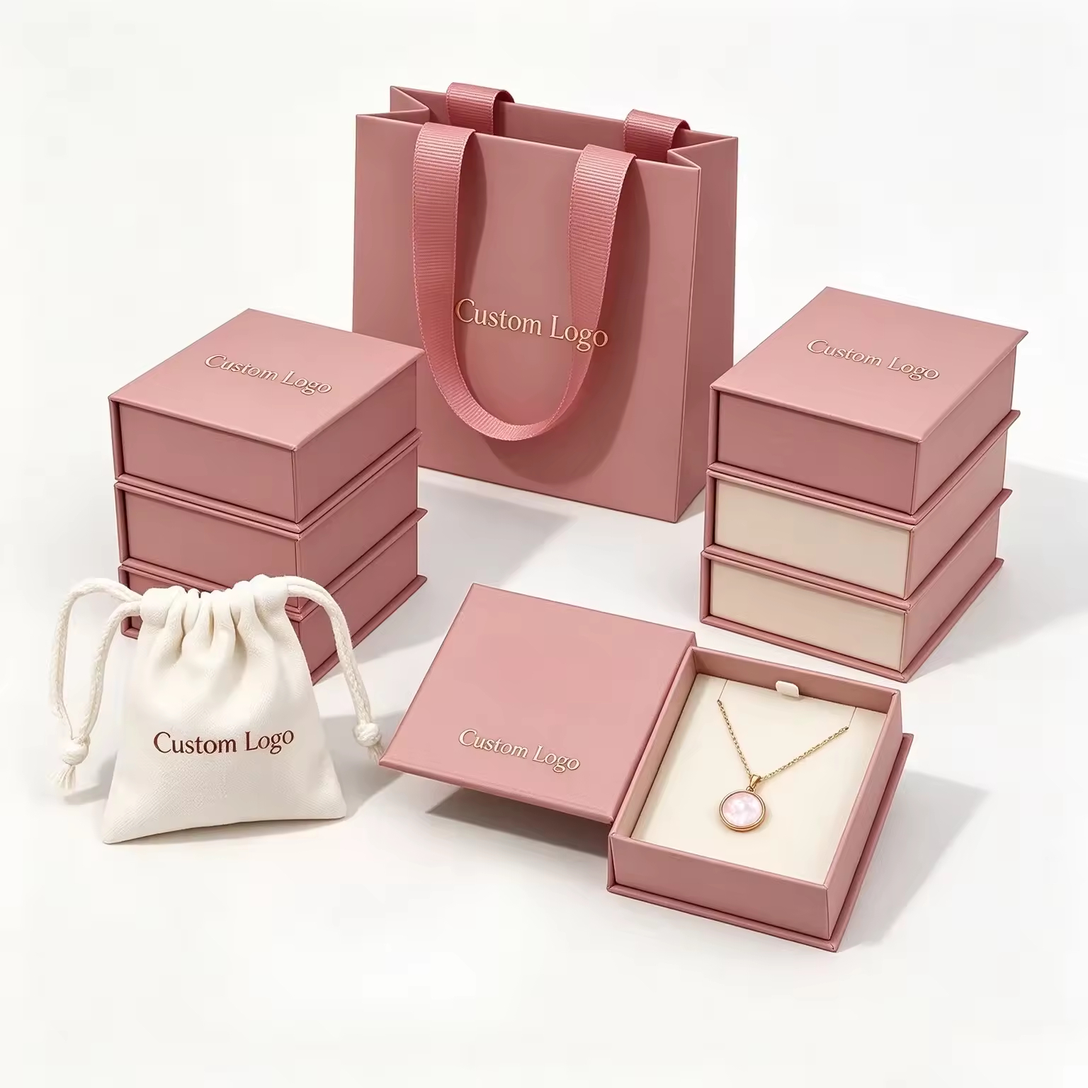 Custom Logo Magnetic Jewelry Box with Paper Gift Bag for Necklace Earring Ring Bracelet 4