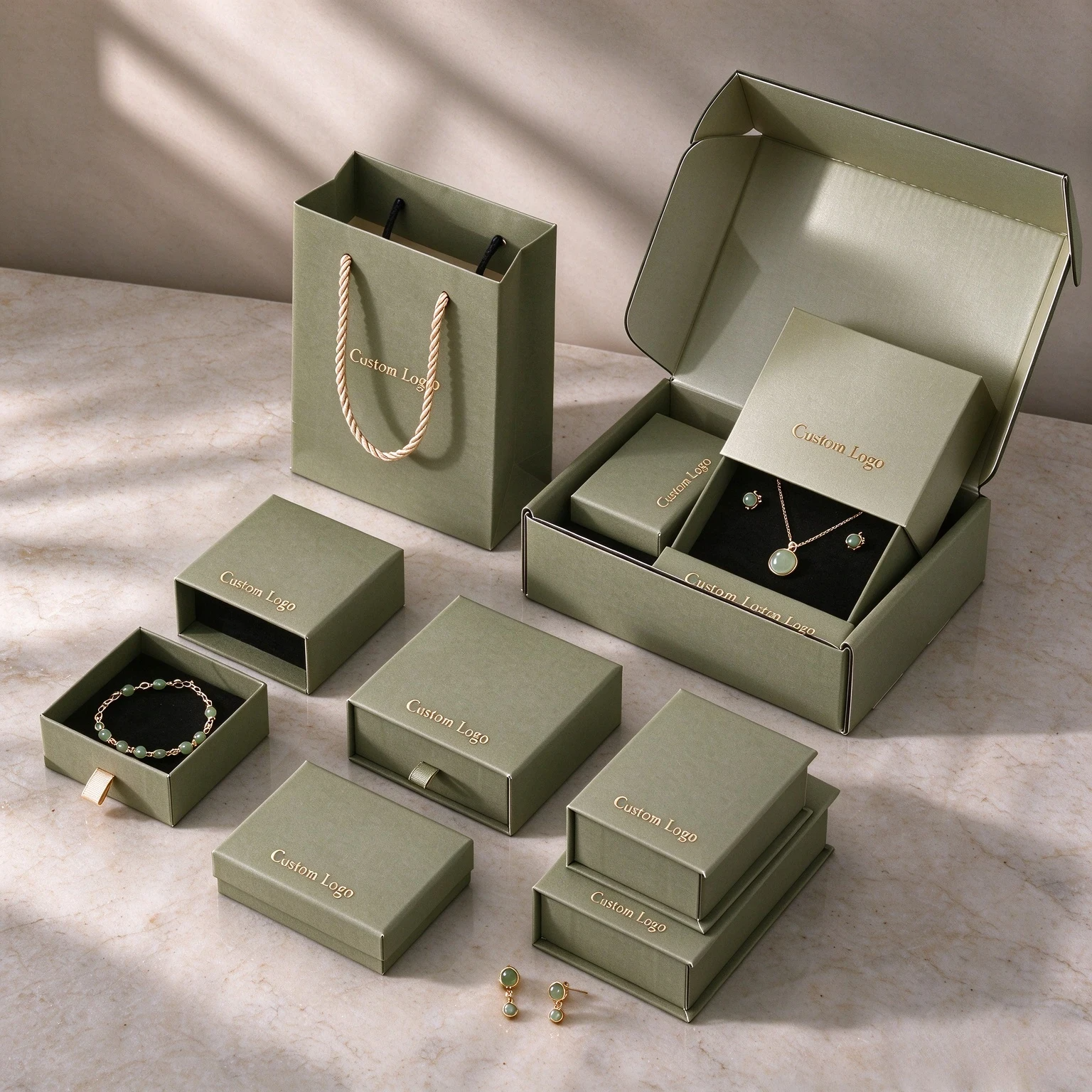 High Quality Custom Logo Drawer Jewelry Box Set with Paper Gift Bag for Necklace Earring Ring Bracelet 4