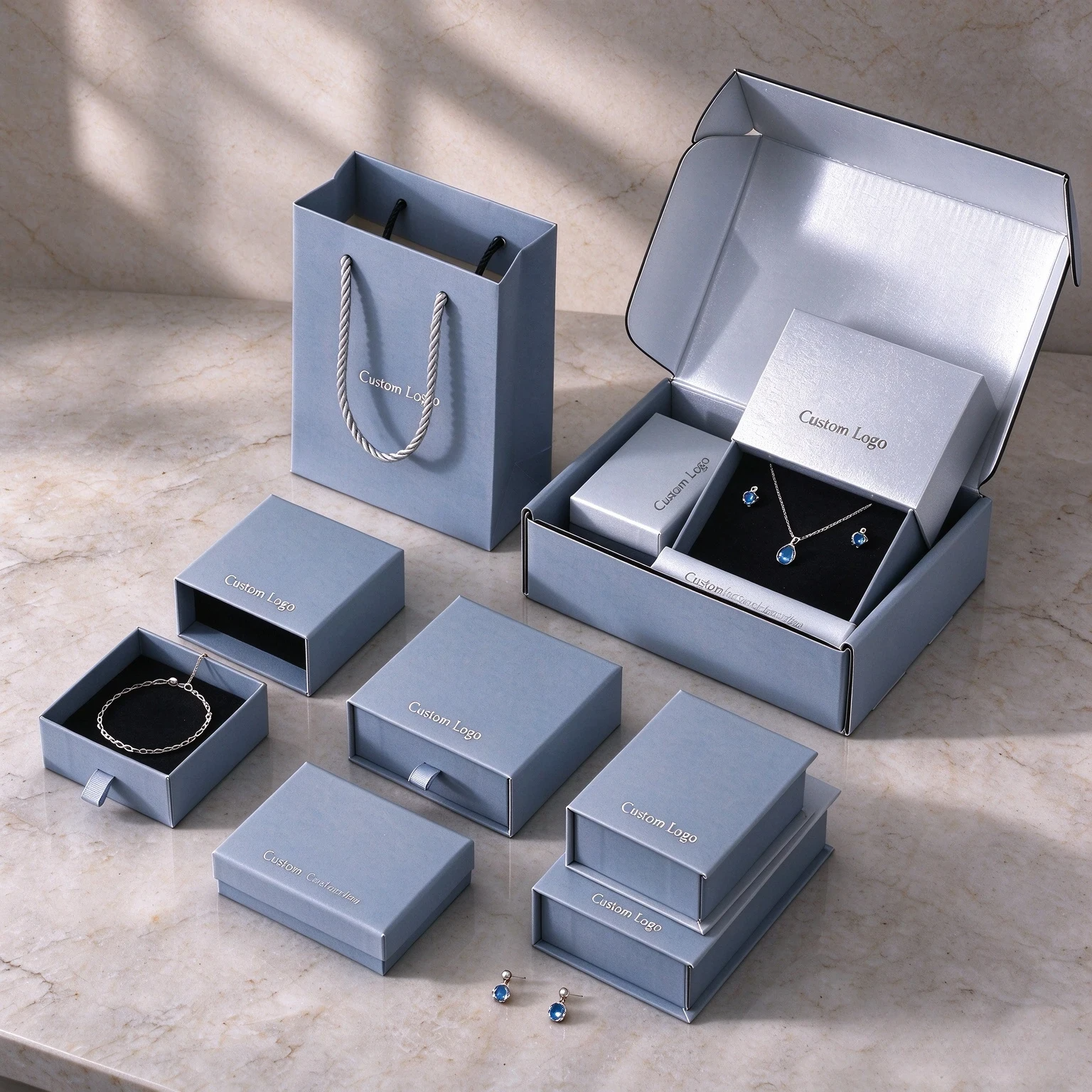 High Quality Custom Logo Drawer Jewelry Box Set with Paper Gift Bag for Necklace Earring Ring Bracelet 2