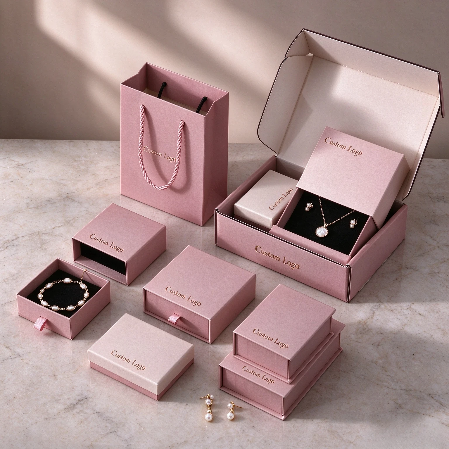 High Quality Custom Logo Drawer Jewelry Box Set with Paper Gift Bag for Necklace Earring Ring Bracelet 3