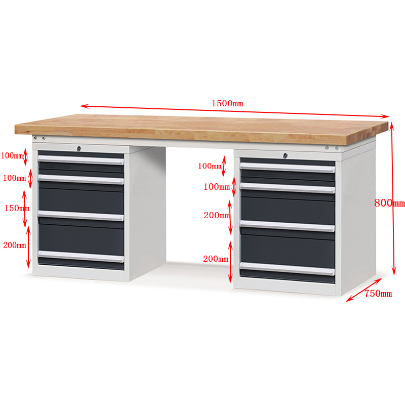 E210231-12 solid oak plate workbench 8 drawers lockable heavy duty cabinet 8
