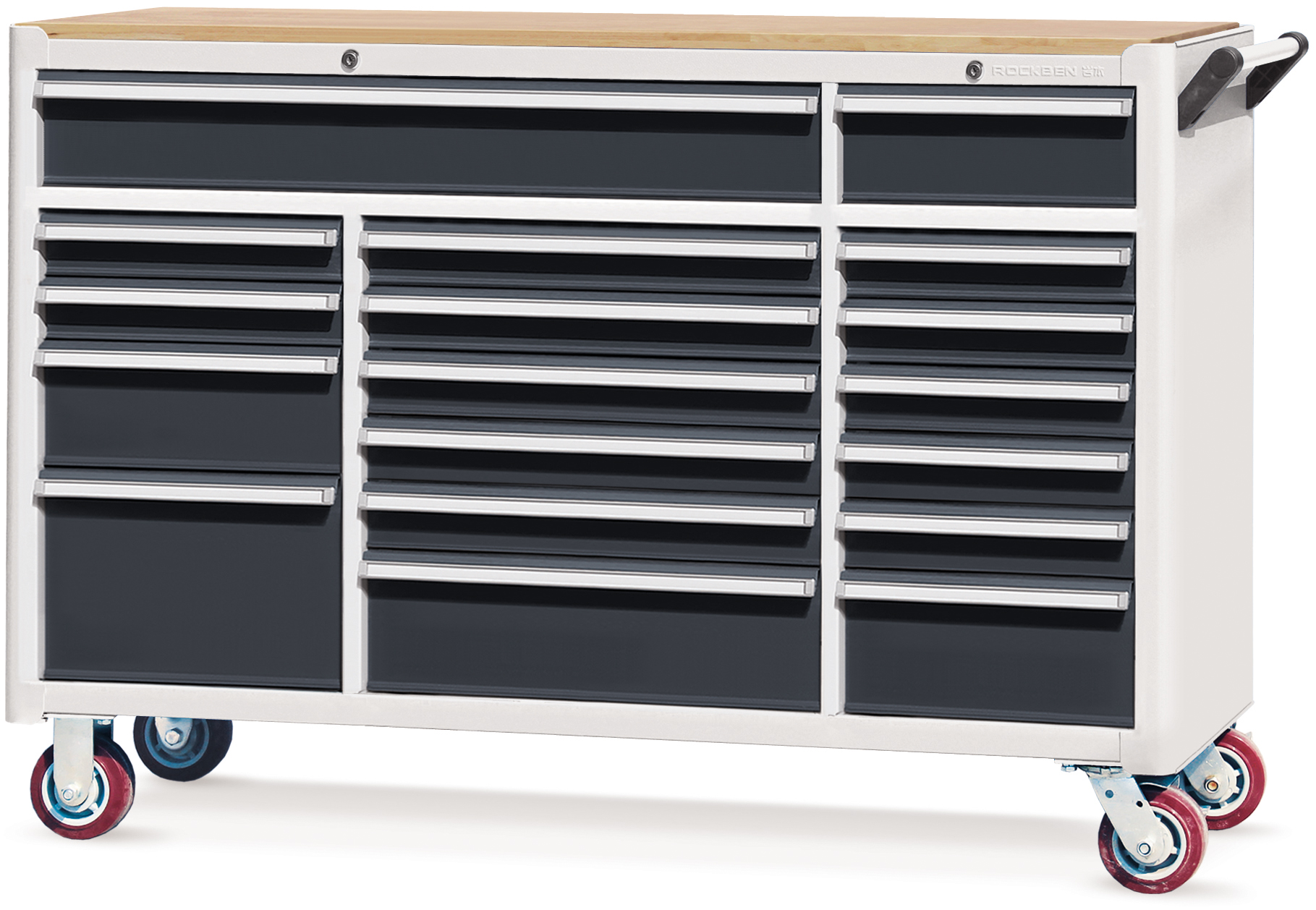 Imeboreshwa E210233-12 4-Drawer Sakafu Baraza la Mawaziri Mango ya Paneli ya Wood Wood Workbench kutoka China | Rockben 5