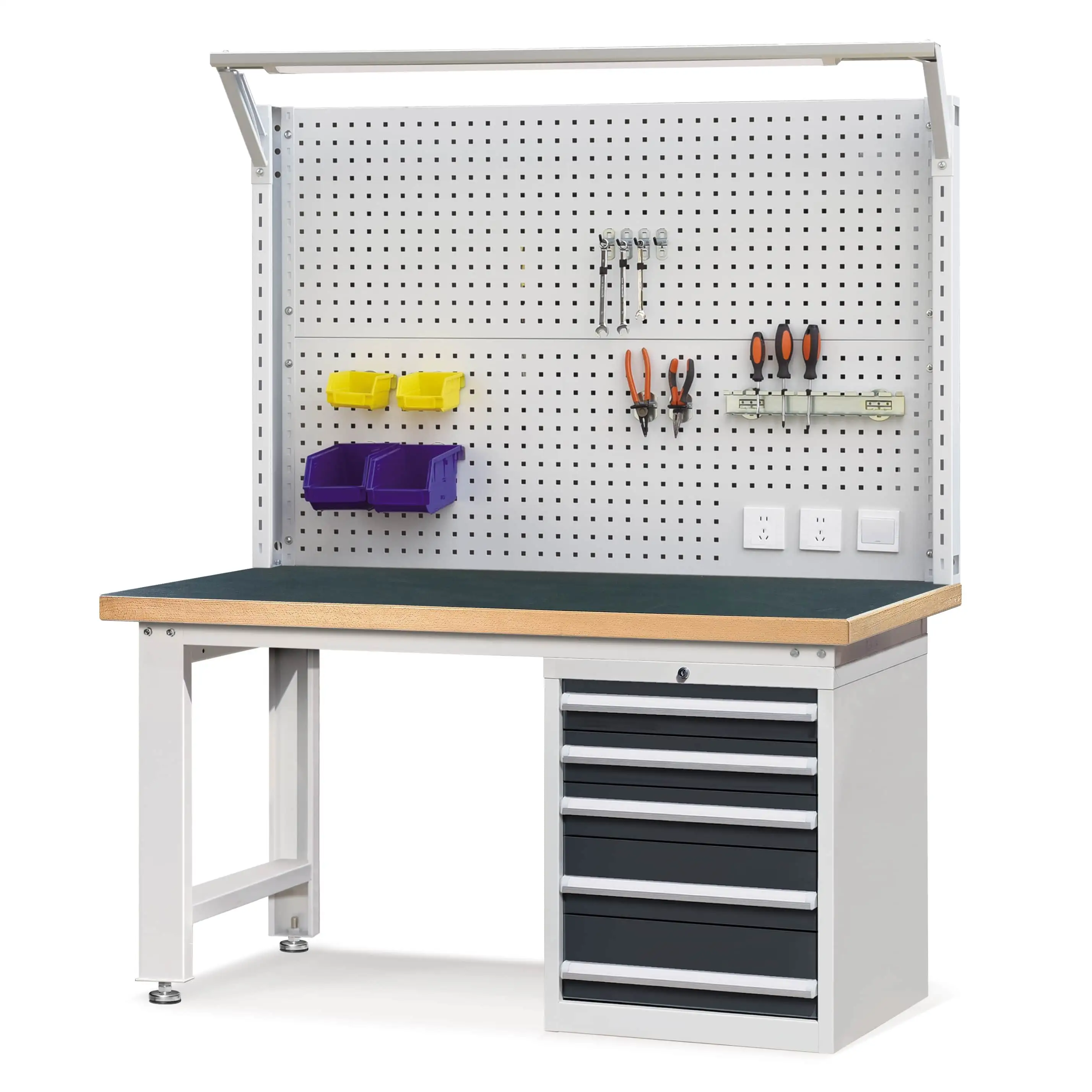 Heavy-duty Workbench with 5-Drawers Base Cabinet & Pegboard 1