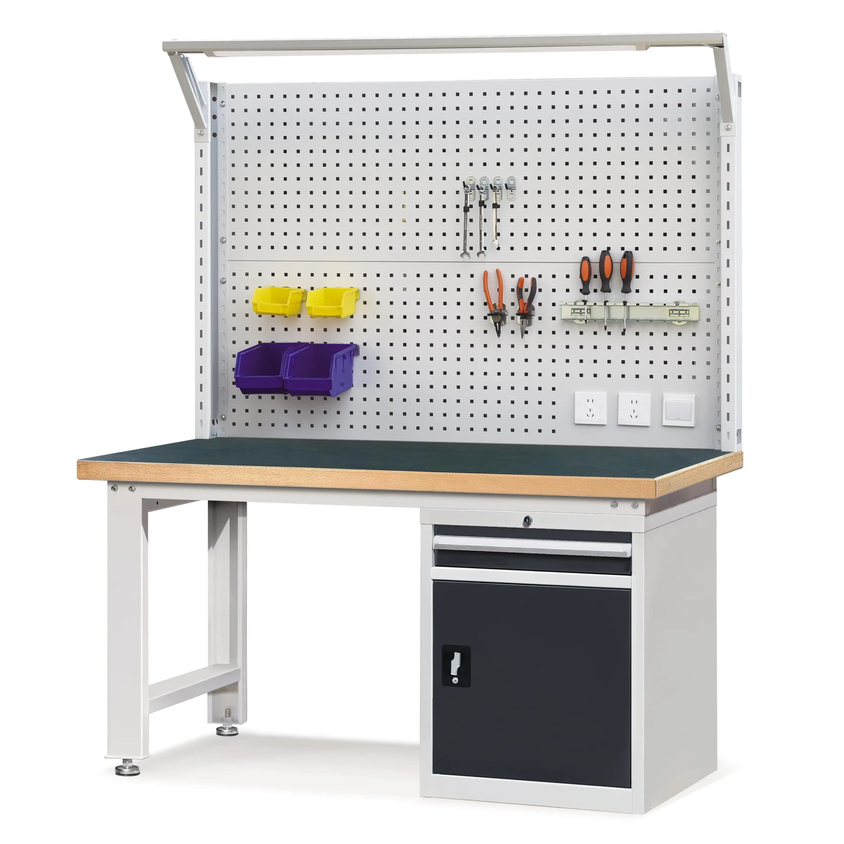 Heavy-duty Workbench with 1-Drawer 1-Door Base Cabinet & Pegboard 1