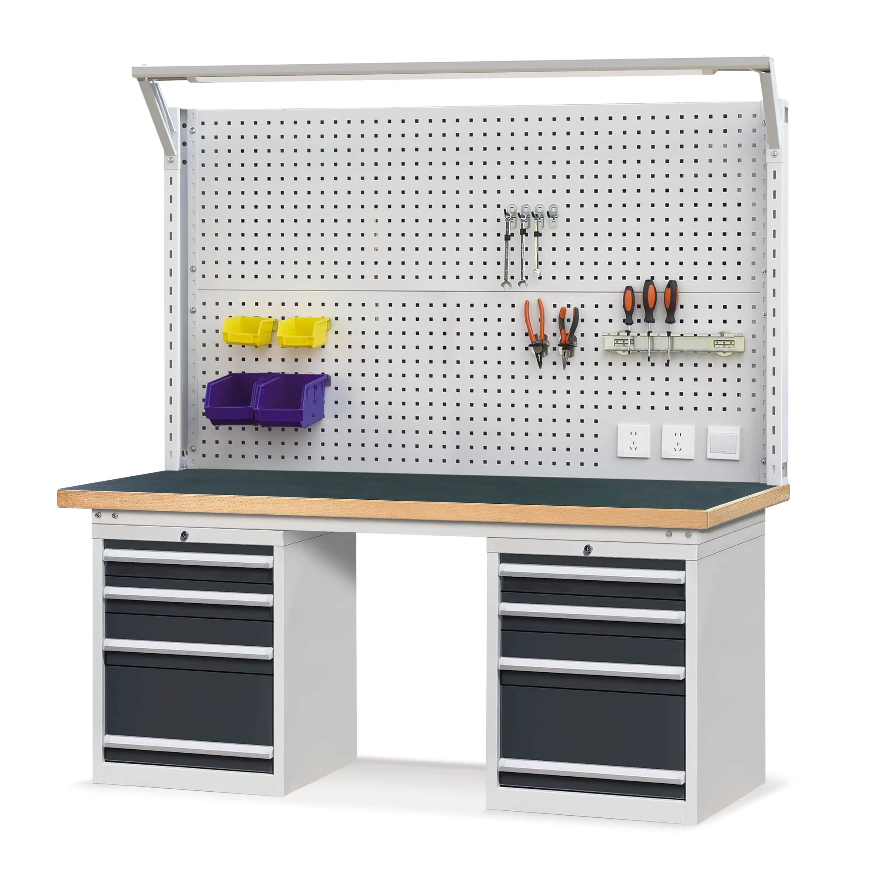 Heavy-duty Workbench with Double 4-Drawers Base Cabinet & Pegboard 1