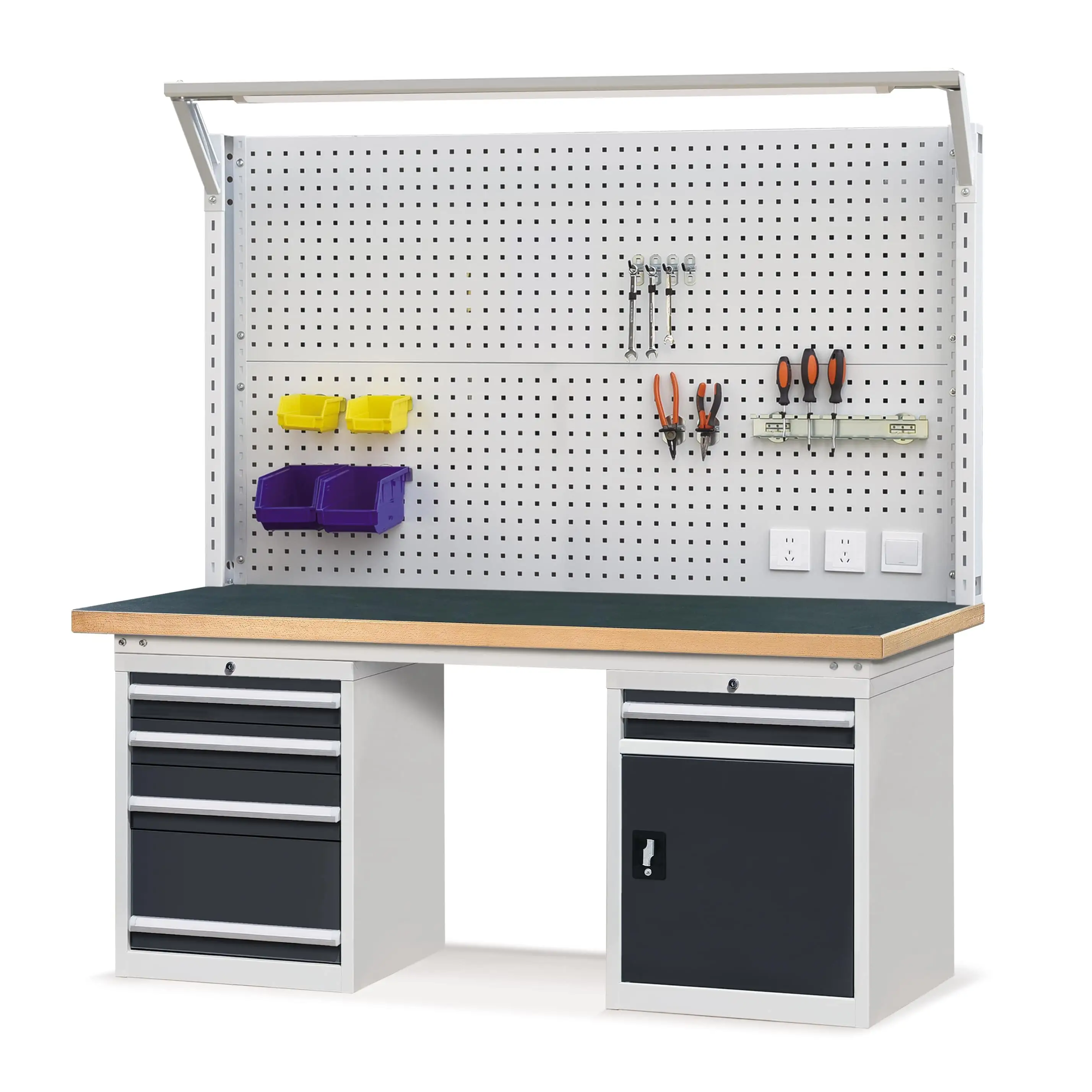Heavy-duty Workbench with 4-Drawers Base Cabinet & 1-Drawer 1-Door Base Cabinet & Pegboard 1