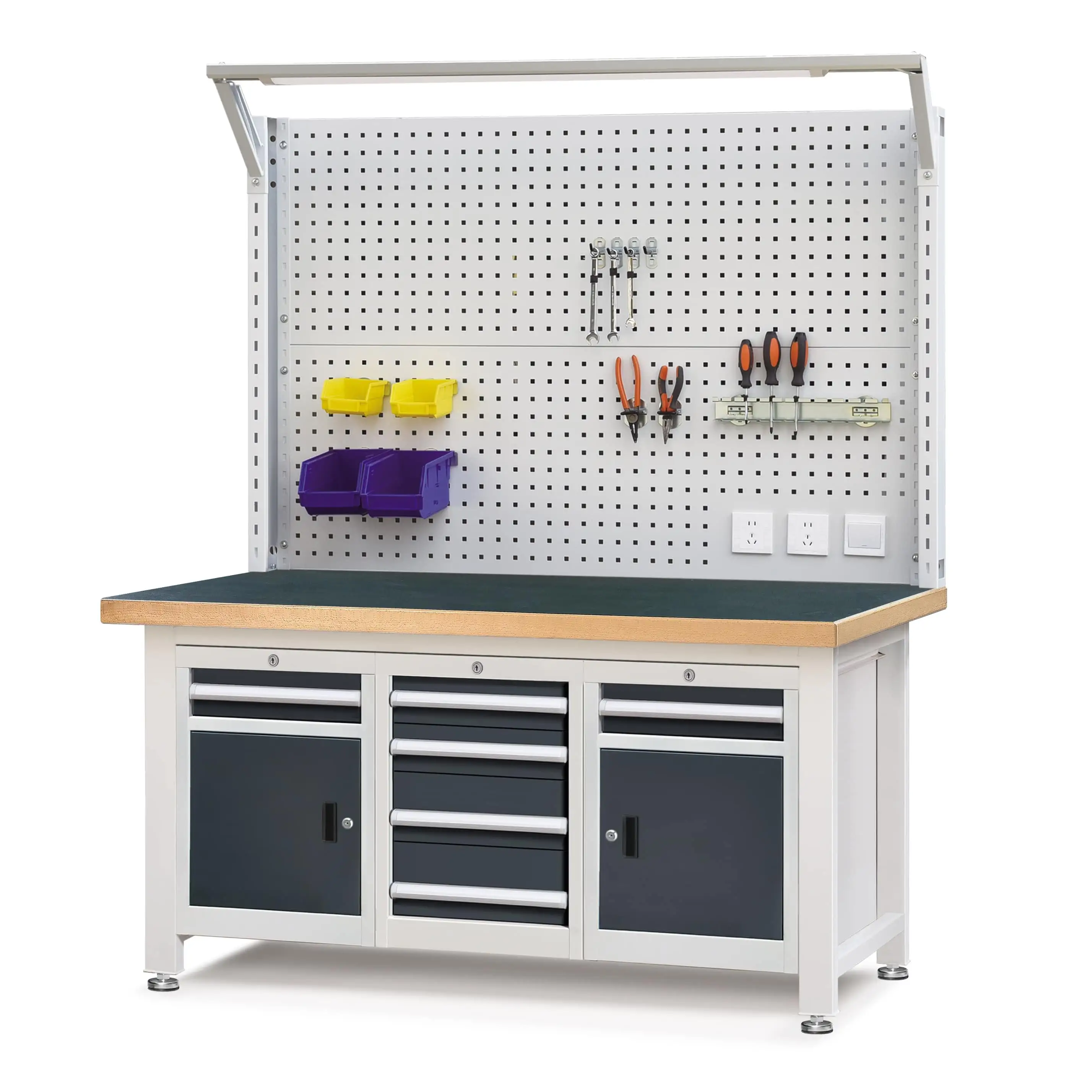 Heavy-duty Workbench with 4-Drawers Cabinet + Double 1-Drawer 1-Door Cabinet & Pegboard 1