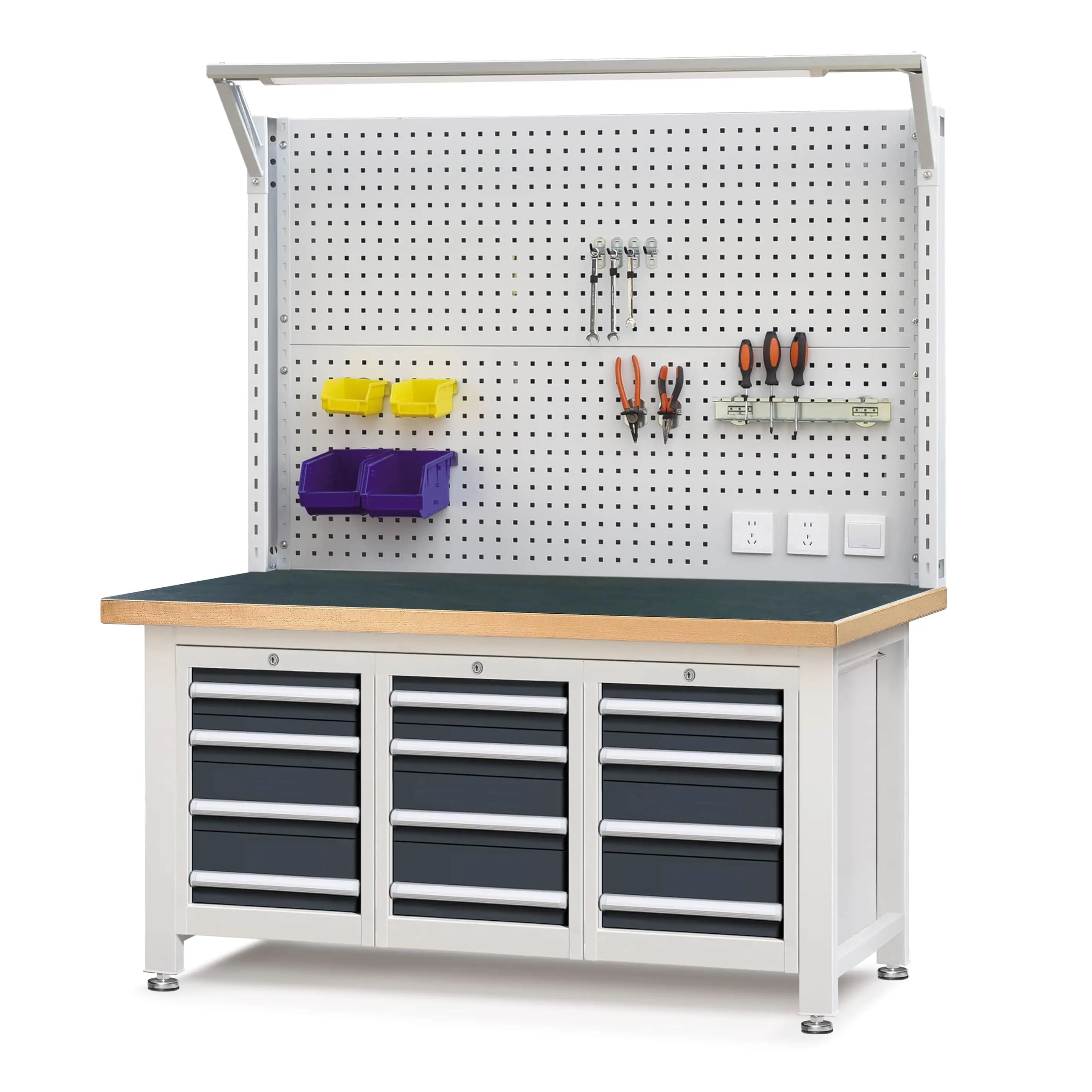 Heavy-duty Workbench with Triple 4-Drawers Cabinet & Pegboard 1