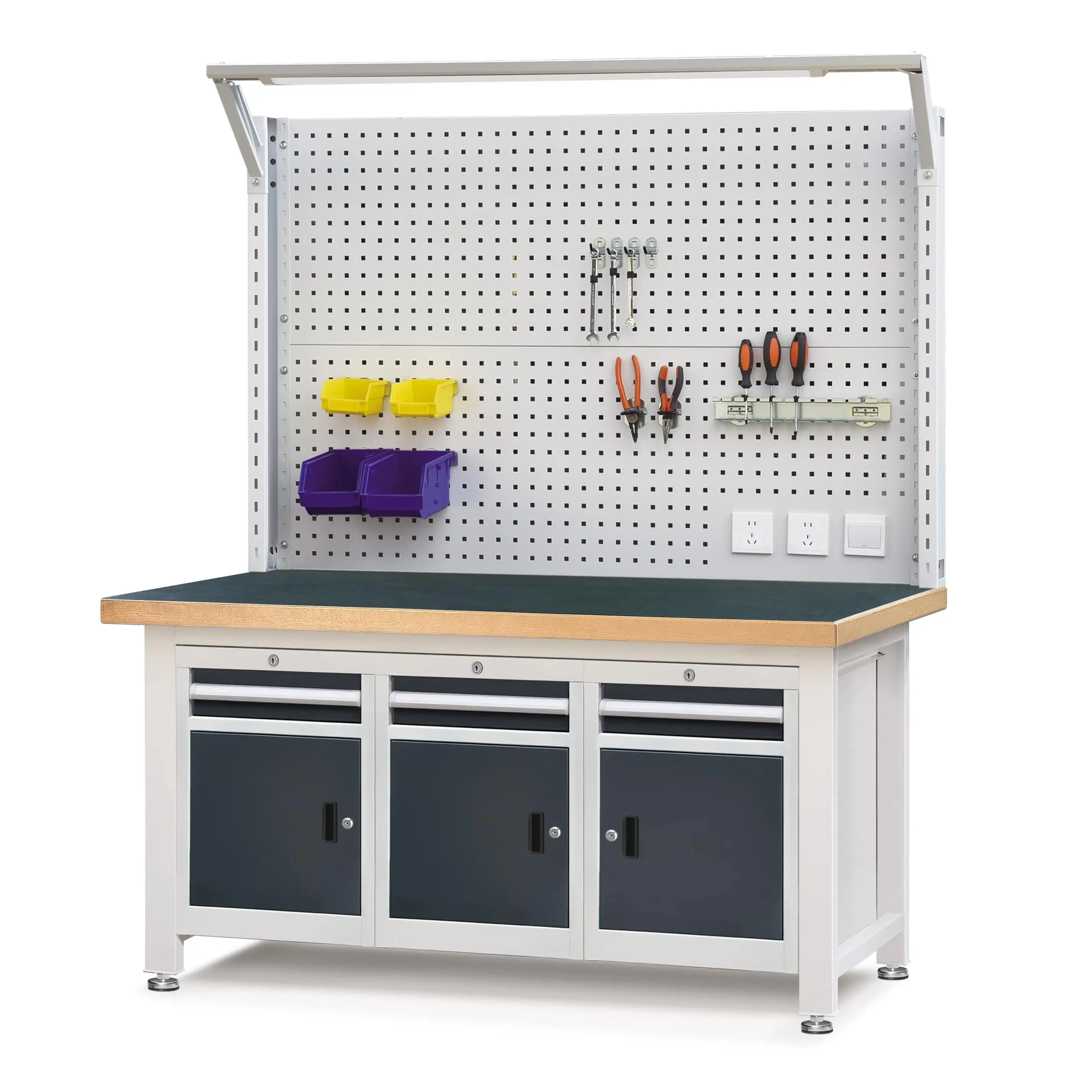 Heavy-duty Workbench with Triple 1-Drawer 1-Door Cabinet & Pegboard 1
