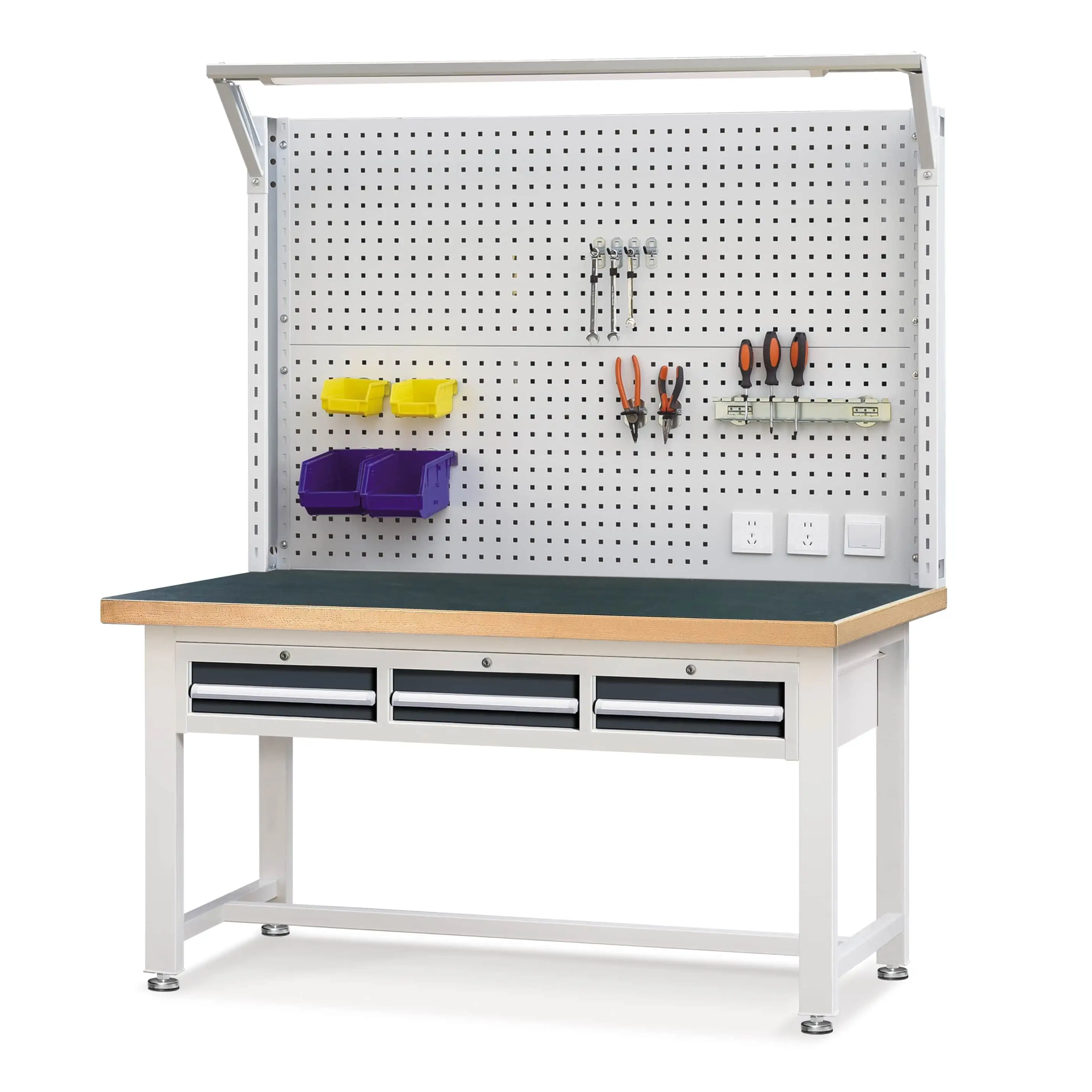 Heavy-duty Workbench with Flat 3-Drawers Hanging Cabinet & Pegboard 1