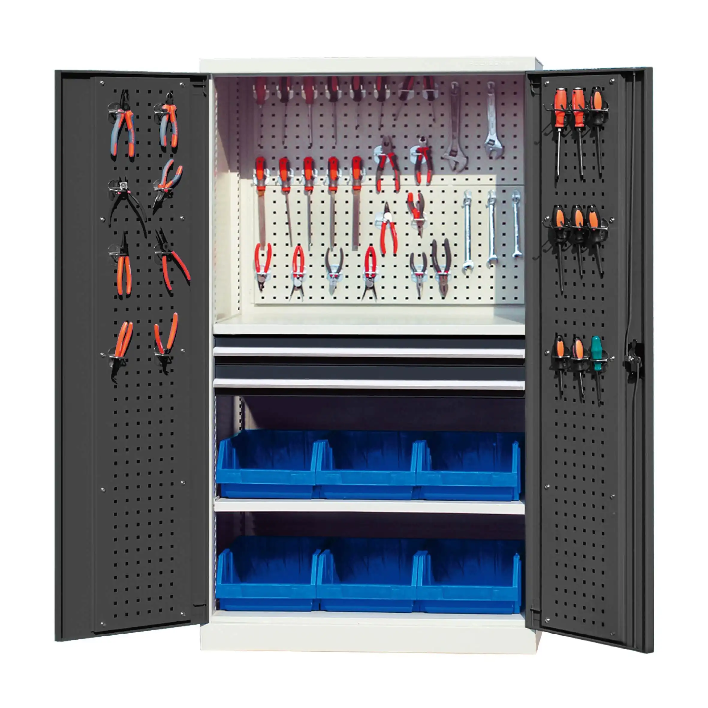 Pagbantay sa Gabinete sa Storage nga adunay 2 nga mga drawer, sulud nga peGboard & Pegayboard Door 1