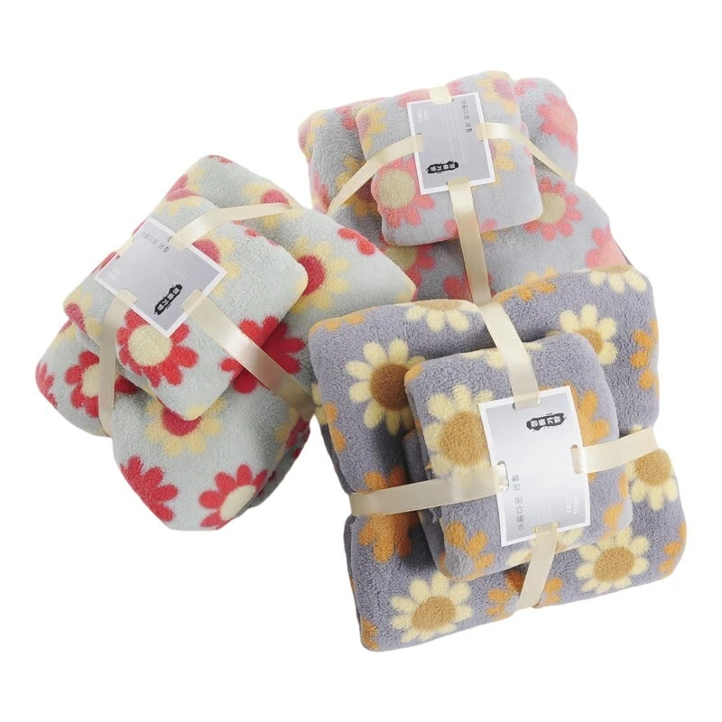 Coral Fleece Bath Towel Gift Set Printed Sunflower Mother-And-Child 1