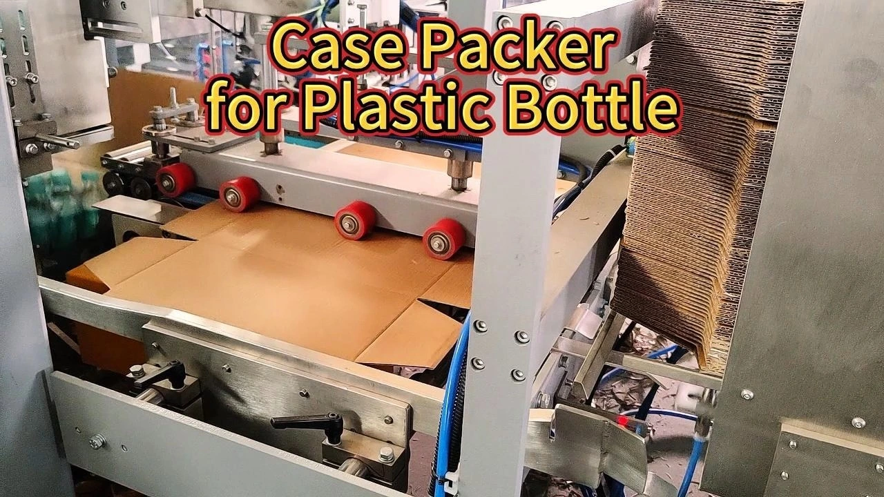 Side loading wrap-around case packer for plastic bottle 1