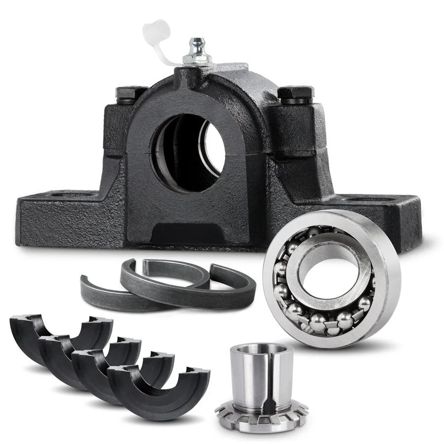 Split Plummer Block Housing SNL505-TG in a Set with Bearing Insert 1205-K and adapter sleeve H205, incl. 2 Locating Rings FRB-5/52 1