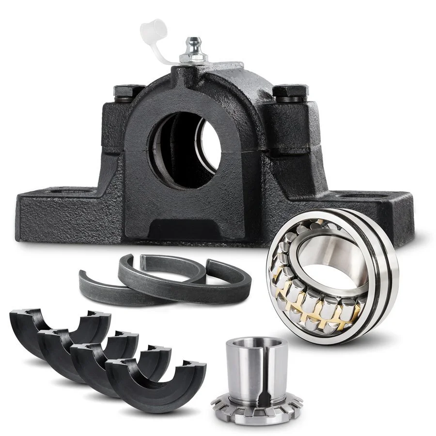 Split Plummer Block Housing SNL518-615-TG in a Set with Bearing Insert 23218-CA-K-W33 and adapter sleeve H2318, incl. 2 Locating Rings FRB-6.25/160 1