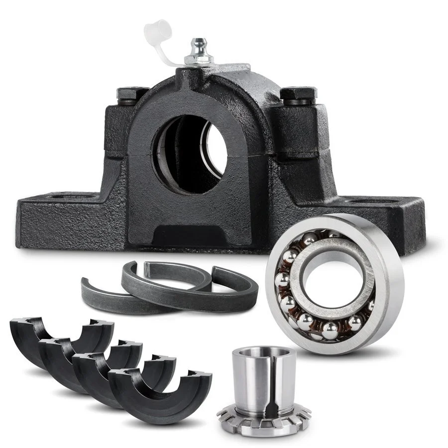 Split Plummer Block Housing SNL518-615-TG in a Set with Bearing Insert 1218-K-TN and adapter sleeve H218, incl. 2 Locating Rings FRB-17.5/160 1