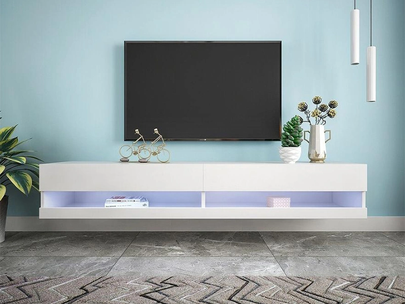 Unité de télévision flottante blanche | Éclairage à 12 couleurs & Porte semi-ouverte 1
