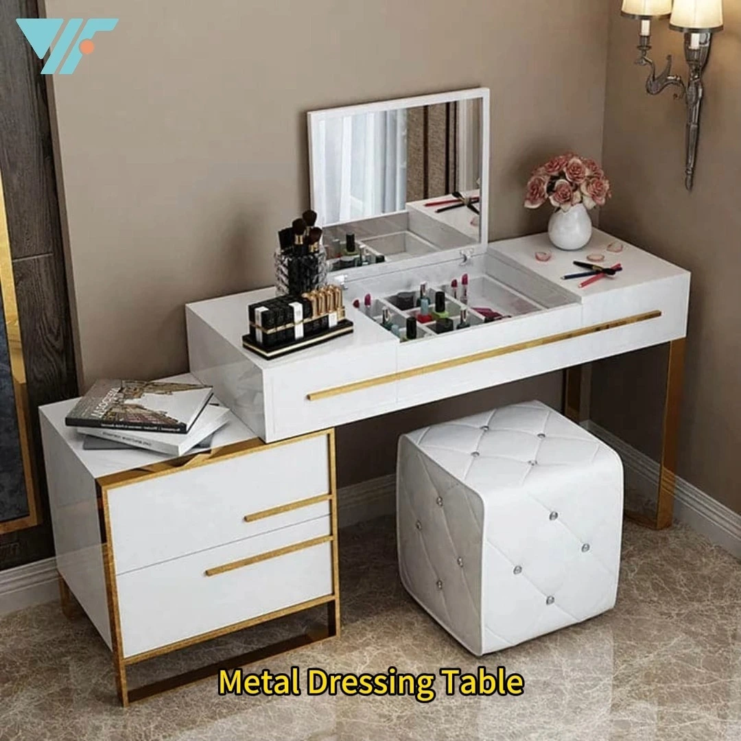 Cabinet de maquillage noir et blanc | Commode avec base en or et miroir à bascule, super rangement, incontournable de la chambre 1