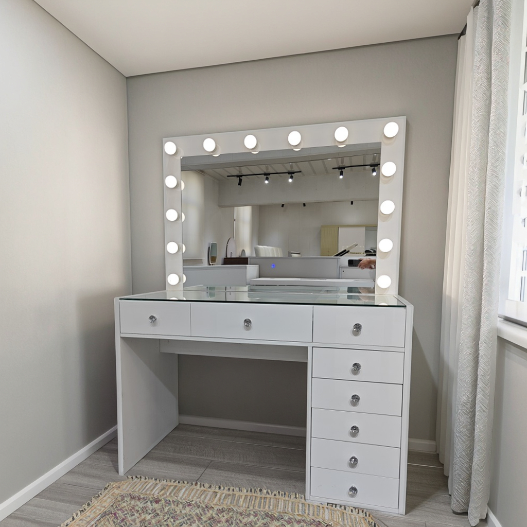 Conjunto de penteadeira moderna com 7 gavetas, espelho de pé de 1,2 m, luz LED, madeira MDF para quarto, banheiro, mesa de maquiagem 2