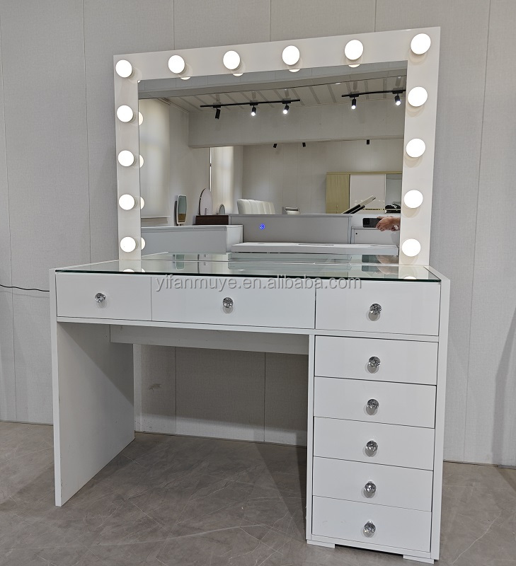Conjunto de penteadeira moderna com 7 gavetas, espelho de pé de 1,2 m, luz LED, madeira MDF para quarto, banheiro, mesa de maquiagem 6