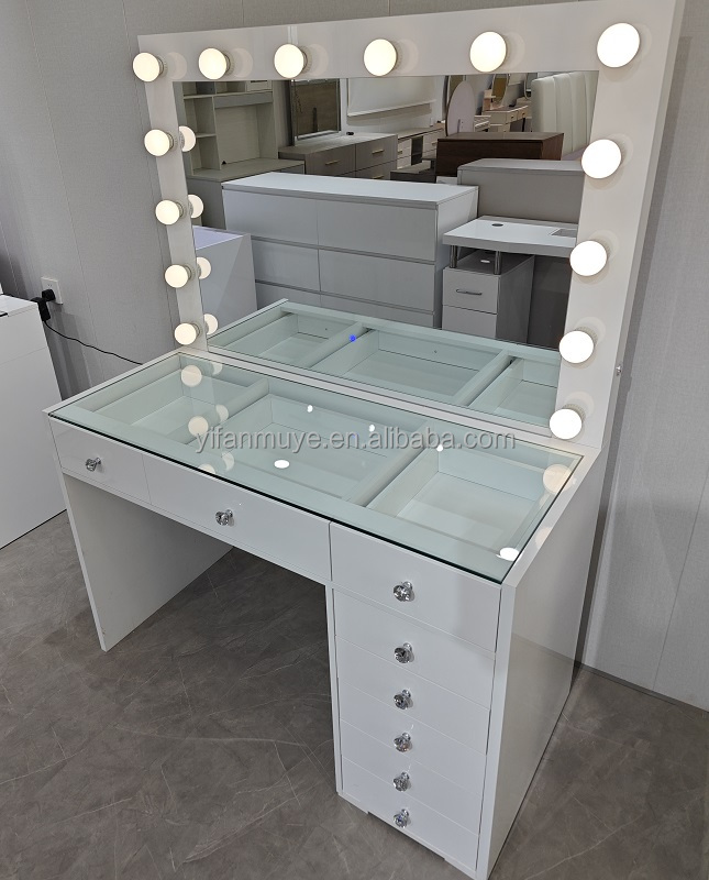 Conjunto de penteadeira moderna com 7 gavetas, espelho de pé de 1,2 m, luz LED, madeira MDF para quarto, banheiro, mesa de maquiagem 5