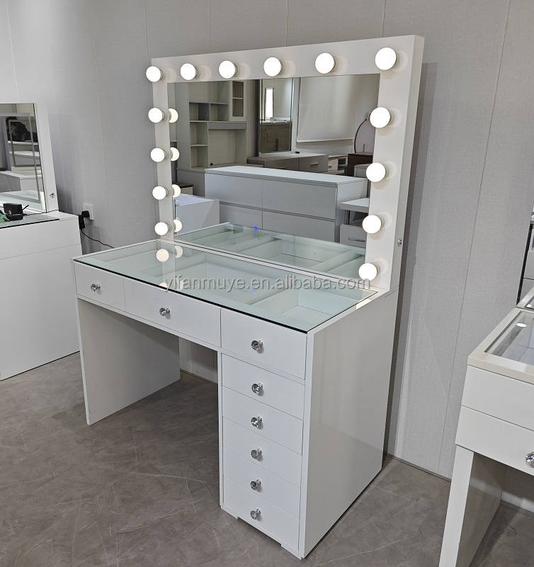 Conjunto de penteadeira moderna com 7 gavetas, espelho de pé de 1,2 m, luz LED, madeira MDF para quarto, banheiro, mesa de maquiagem 3