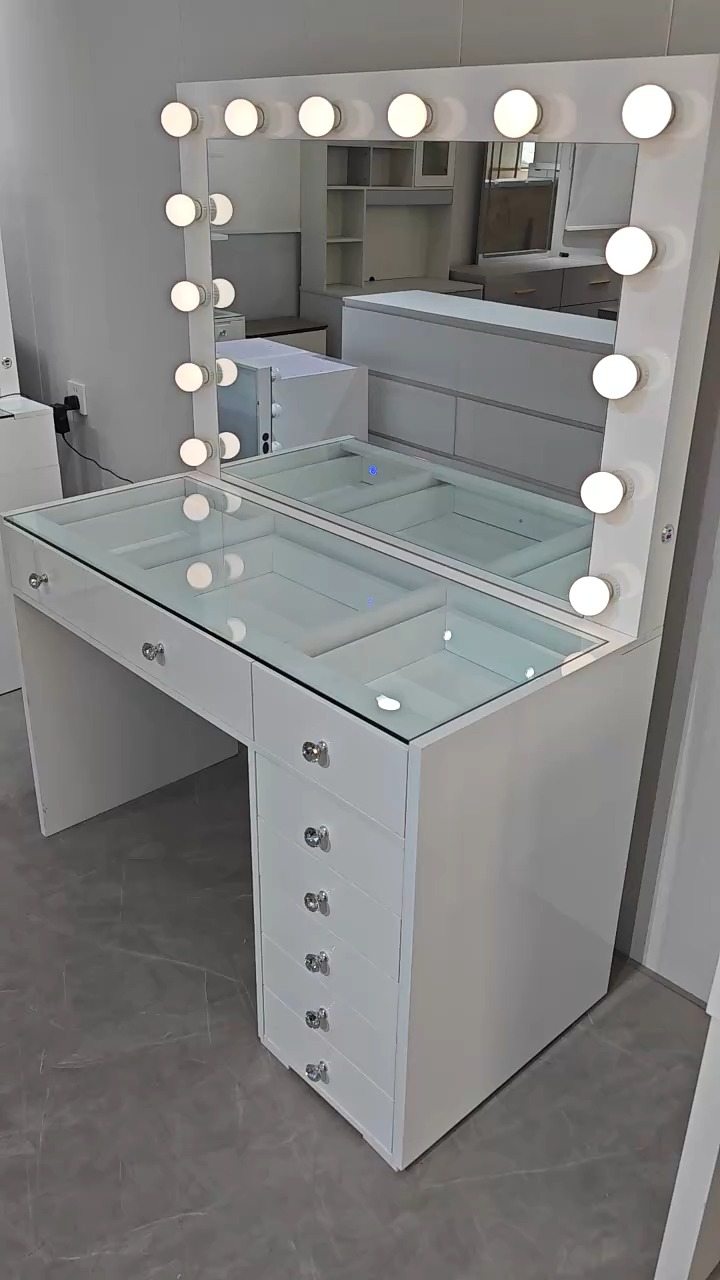 Conjunto de penteadeira moderna com 7 gavetas, espelho de pé de 1,2 m, luz LED, madeira MDF para quarto, banheiro, mesa de maquiagem 1