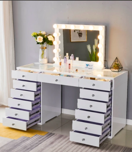 Adjustable LED Hollywood Style Vanity Desk with Built-in USB Outlets, Lighted Mirror & 13 Drawers 1