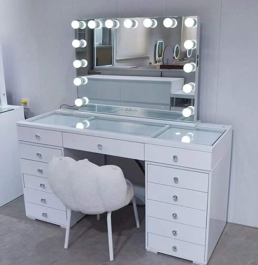 Customized white pink Vanity table with 13 drawers for bedroom furniture 1
