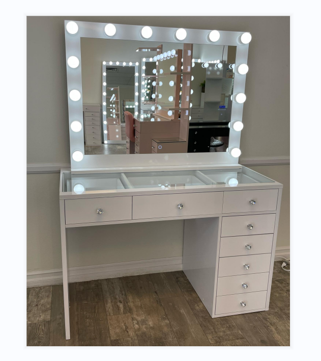 Coiffeuse laquée blanche brillante la plus populaire, coiffeuse à 7 tiroirs avec poignée en cristal et fonction Bluetooth, grand miroir à ampoule1755748094405515 2