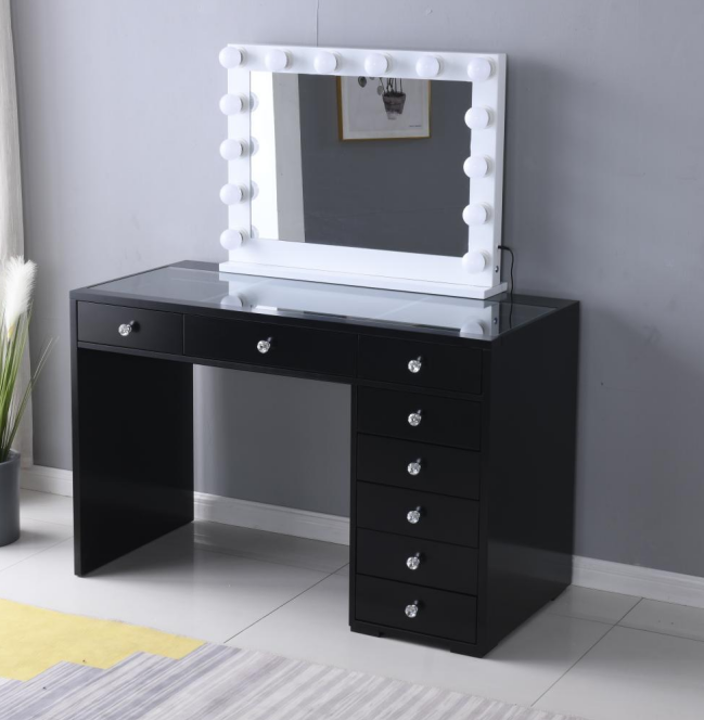 Coiffeuse laquée blanche brillante la plus populaire, coiffeuse à 7 tiroirs avec poignée en cristal et fonction Bluetooth, grand miroir à ampoule1755748094405515 5