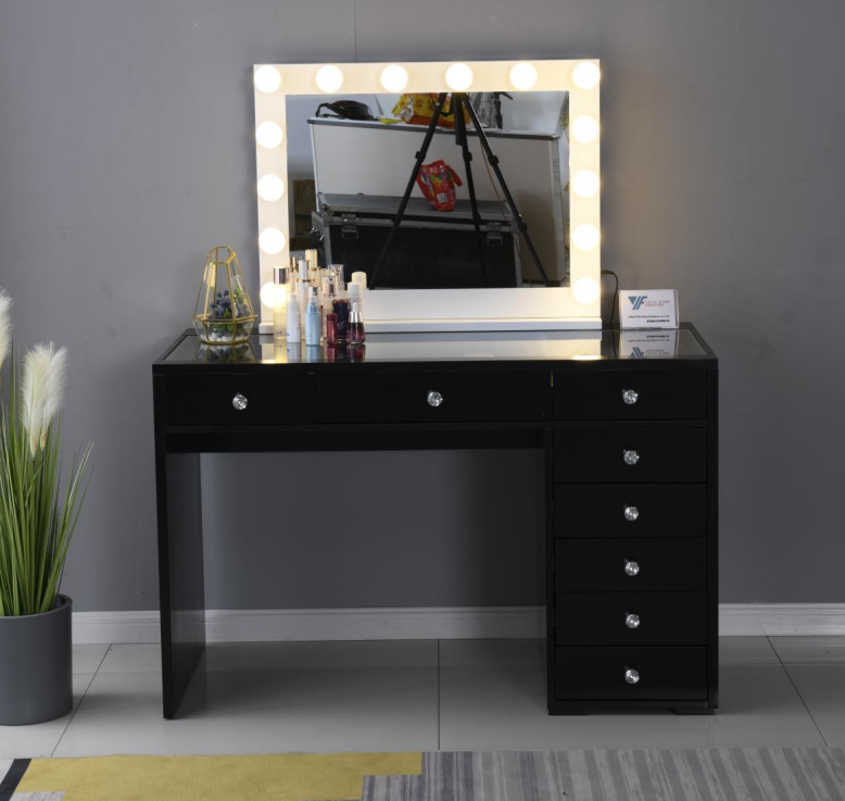 Coiffeuse laquée blanche brillante la plus populaire, coiffeuse à 7 tiroirs avec poignée en cristal et fonction Bluetooth, grand miroir à ampoule1755748094405515 6