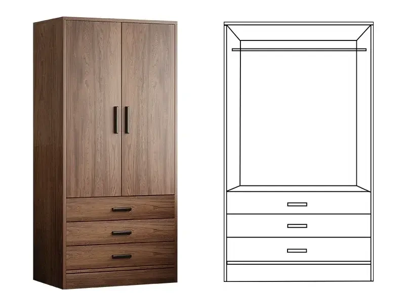 Guarda-roupa vintage de quarto personalizado em nogueira com duas portas e três gavetas 1