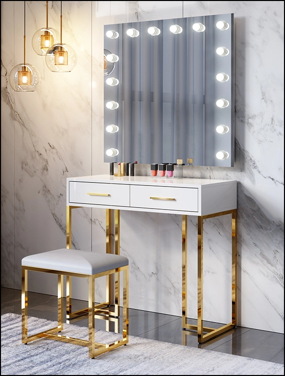 Coiffeuse de style moderne avec pieds en acier inoxydable doré et peinture blanche brillante pour meubles de chambre à coucher et salon1 1