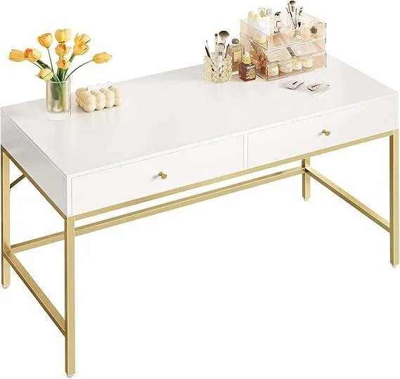 Bureau blanc et doré avec 2 tiroirs, coiffeuse moderne avec tabouret rembourré, petit bureau d'ordinateur pour la maison, bureau d'étude, chambre à coucher1 1