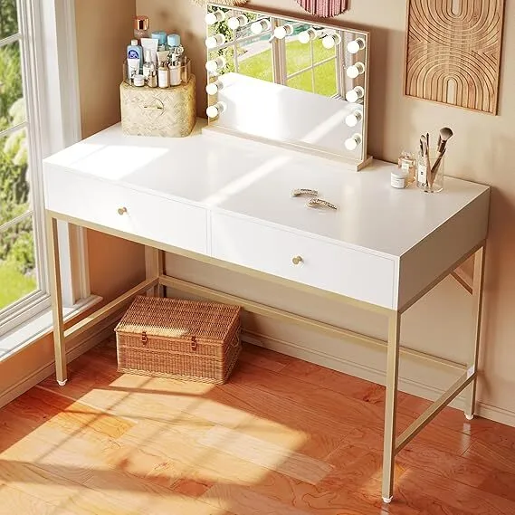 Bureau blanc et doré avec 2 tiroirs, coiffeuse moderne avec tabouret rembourré, petit bureau d'ordinateur pour la maison, le bureau, l'écriture, l'étude, la chambre à coucher 1