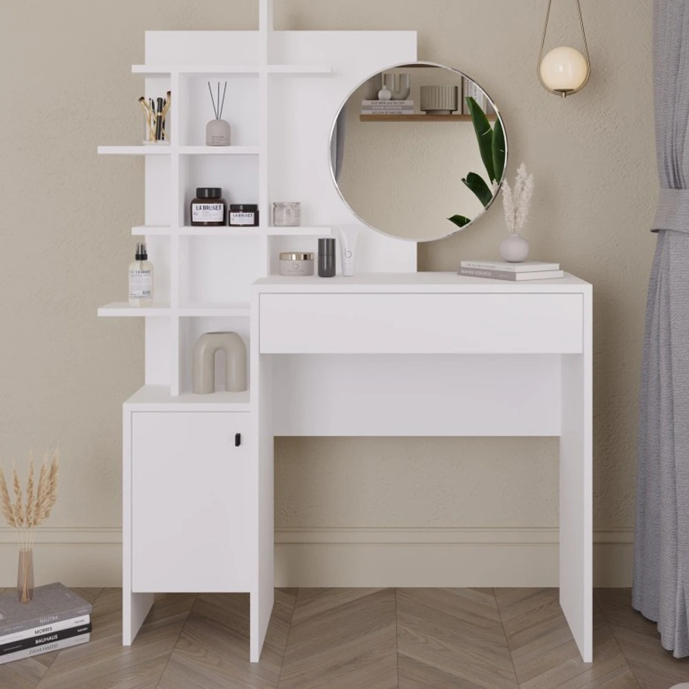 Coiffeuse blanche avec étagères et tiroir, meuble de rangement à monter soi-même avec miroir rond pour chambre à coucher, table de maquillage moderne 1