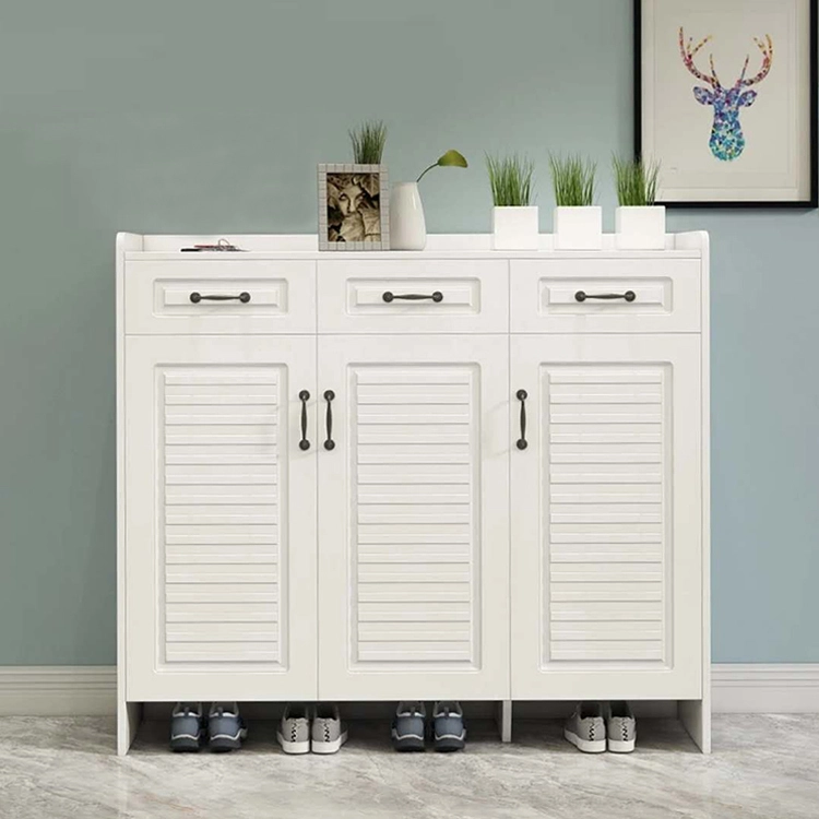 MDF Borad White Entryway Shoe Cabinet with Drawers and Louvered Doors 1