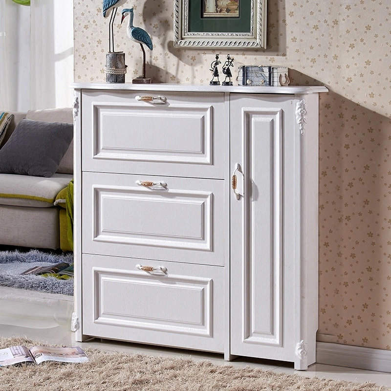 White European - style Shoe Cabinet with Drawers and Door, Elegant Storage Furniture for Entryway, Featuring Decorative Details and Open Bottom Shelf 1