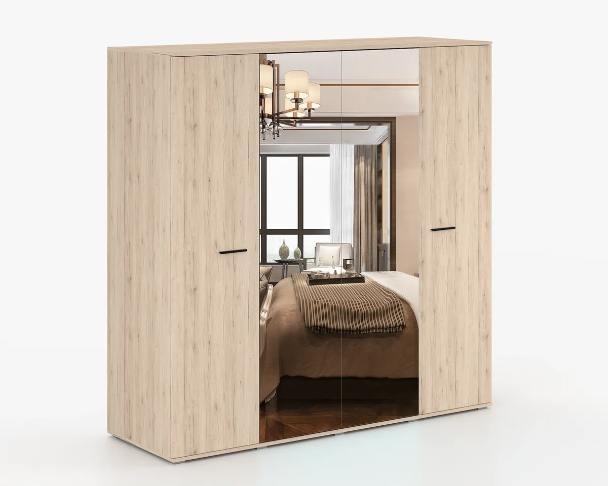 Armario de madera clara con puertas de espejo: una solución de almacenamiento elegante para dormitorios modernos 1