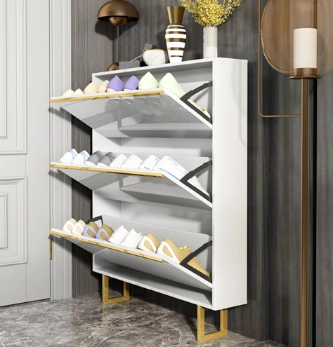 Customized White High - Gloss Lacquered Large space Shoe Cabinet with Stainless Steel Legs, Suitable for Living Room Furniture 1