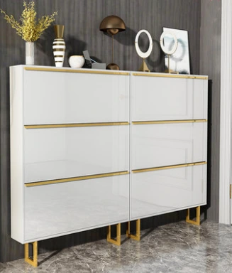 High - Gloss White Lacquered Shoe Cabinet with Stainless Steel Legs, Suitable for Living Room Furniture 1