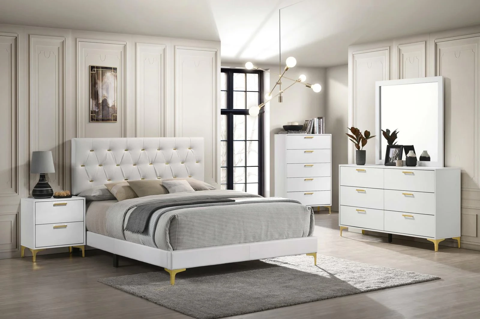 Modern white glossy bedroom set with stainless foot total 5 pcs for bedroom furniture 1