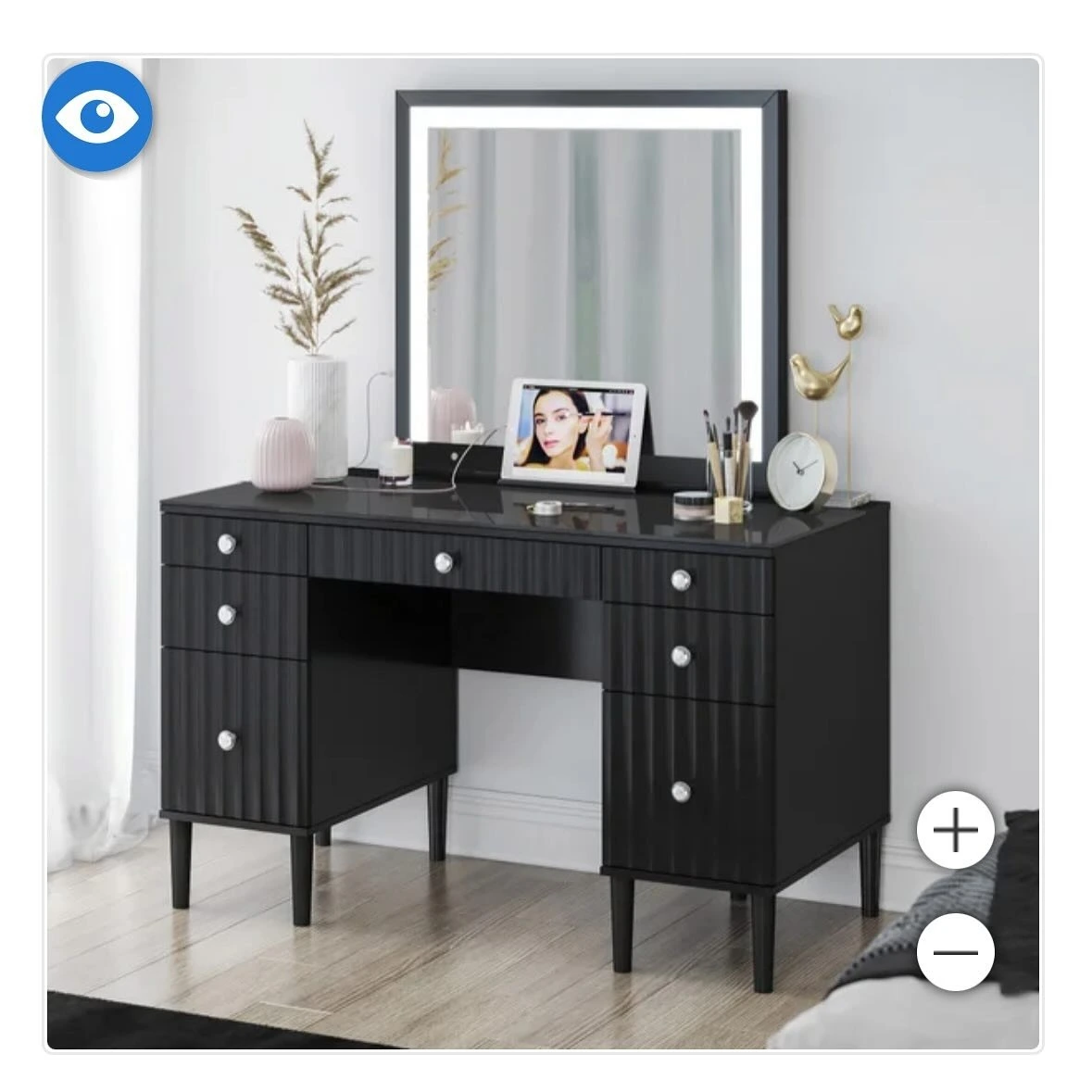 Black vanity table with shaped drawers，Multiple Drawers and Large Mirror  for the bedroom 1